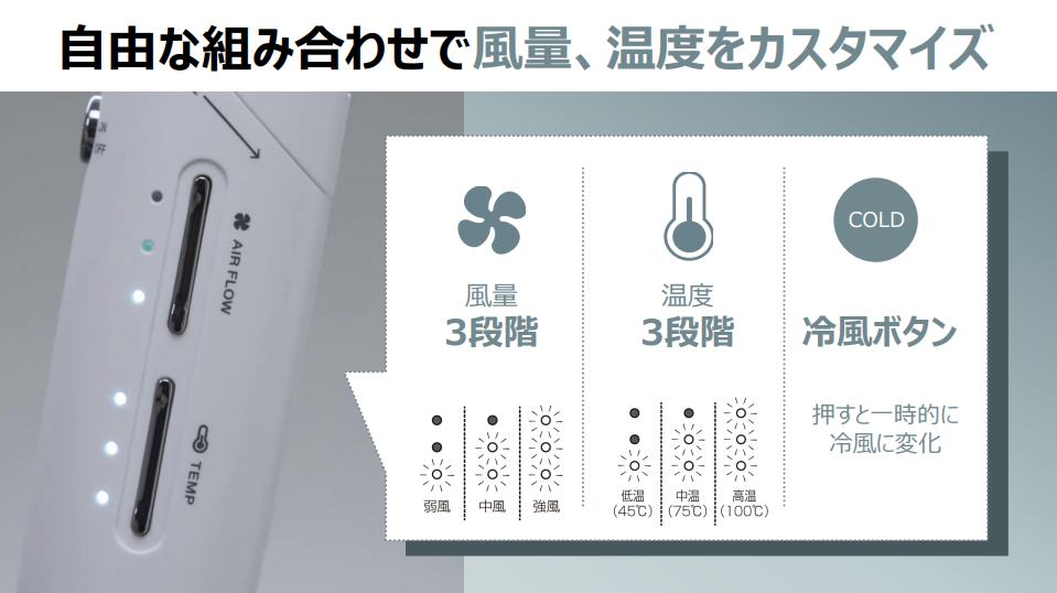 自由な組み合わせで風量、温度をカスタマイズ